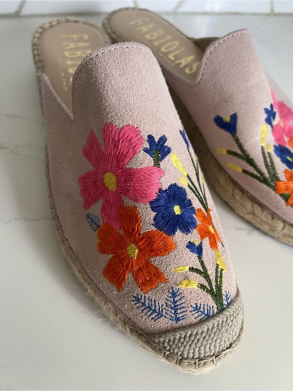 Fabiola Pink Floral Embroidered Espadrille Slip-On Mules